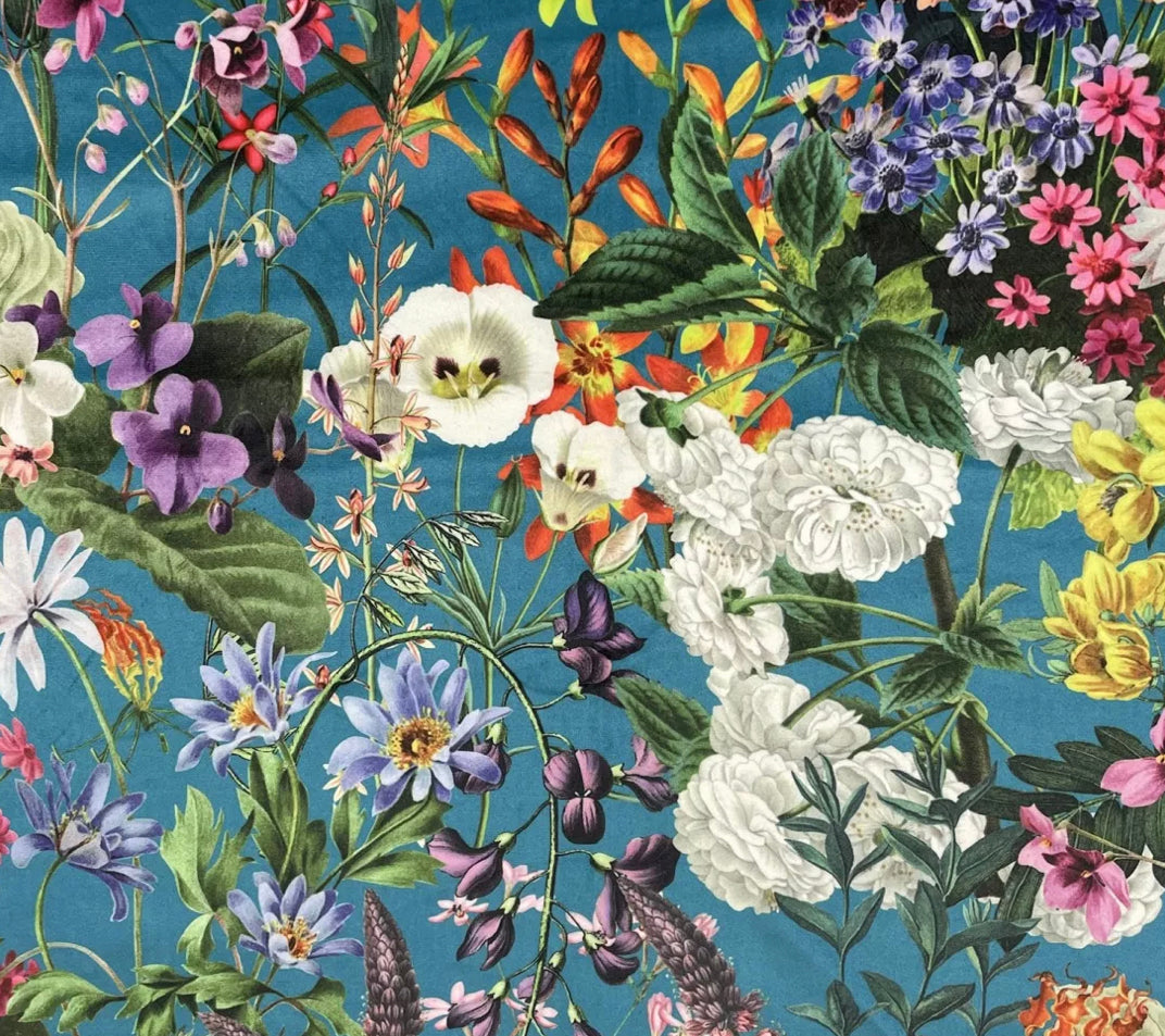 Plush Printed Crafty Velvet By The 1/2 Metre (145cm Wide) - Turquoise Summer Floral