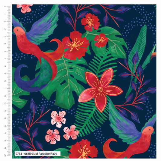 Sarah Payne Bird's of Paradise Cotton Prints By The Metre (112cm Wide) - Birds of Paradise Navy