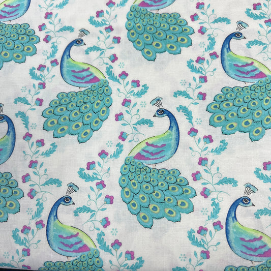 Sarah Payne Elegant Peacock Cotton Prints By The Metre (112cm Wide) - Peacock White