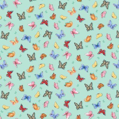 Makower 100% Cotton (112cm Wide) - Butterflies on Teal
