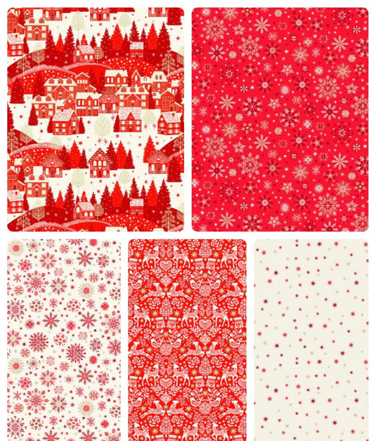 Makower Skandi Christmas 5 Piece Fat Quarter (1/4) Bundle with Gold Metallic Print
