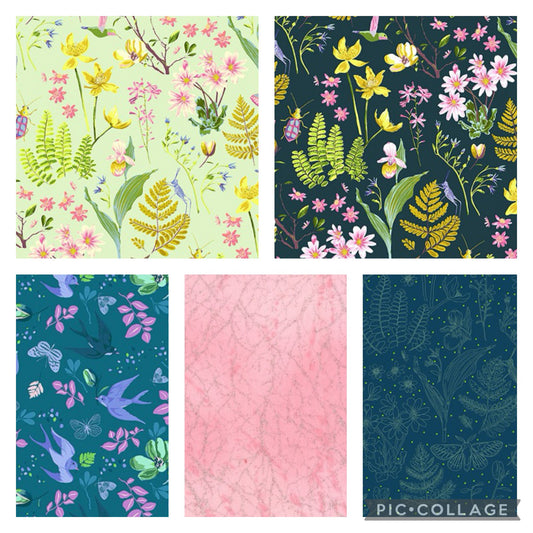 Windham Fabrics "anew" by Tamara KATE - Flora & Fauna 5 Piece Fat Quarter (1/4) Bundle with Diamond Dust - Choice of Colour