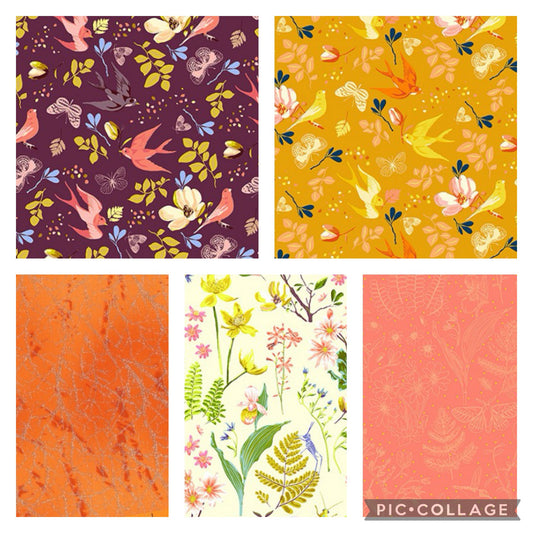 Windham Fabrics "anew" by Tamara KATE - Flora & Fauna 5 Piece Fat Quarter (1/4) Bundle with Diamond Dust - Choice of Colour