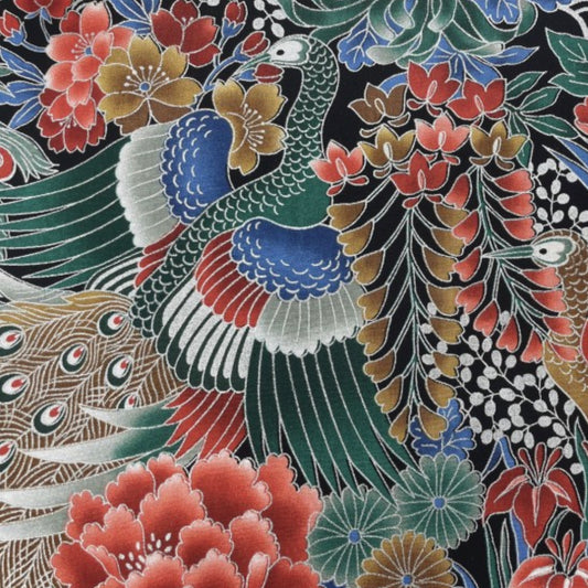 Metallic Japanese Inspired Fabric By The Metre (112cm Wide) - Tateba Black