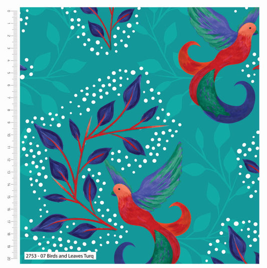 Sarah Payne Bird's of Paradise Cotton Prints By The Metre (112cm Wide) - Birds & Leaves Turquoise