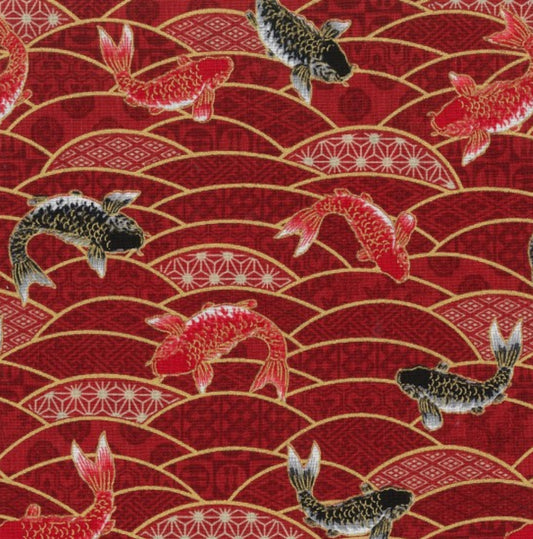 Metallic Japanese Inspired Fabric By The Metre (112cm Wide) - Beppu Red