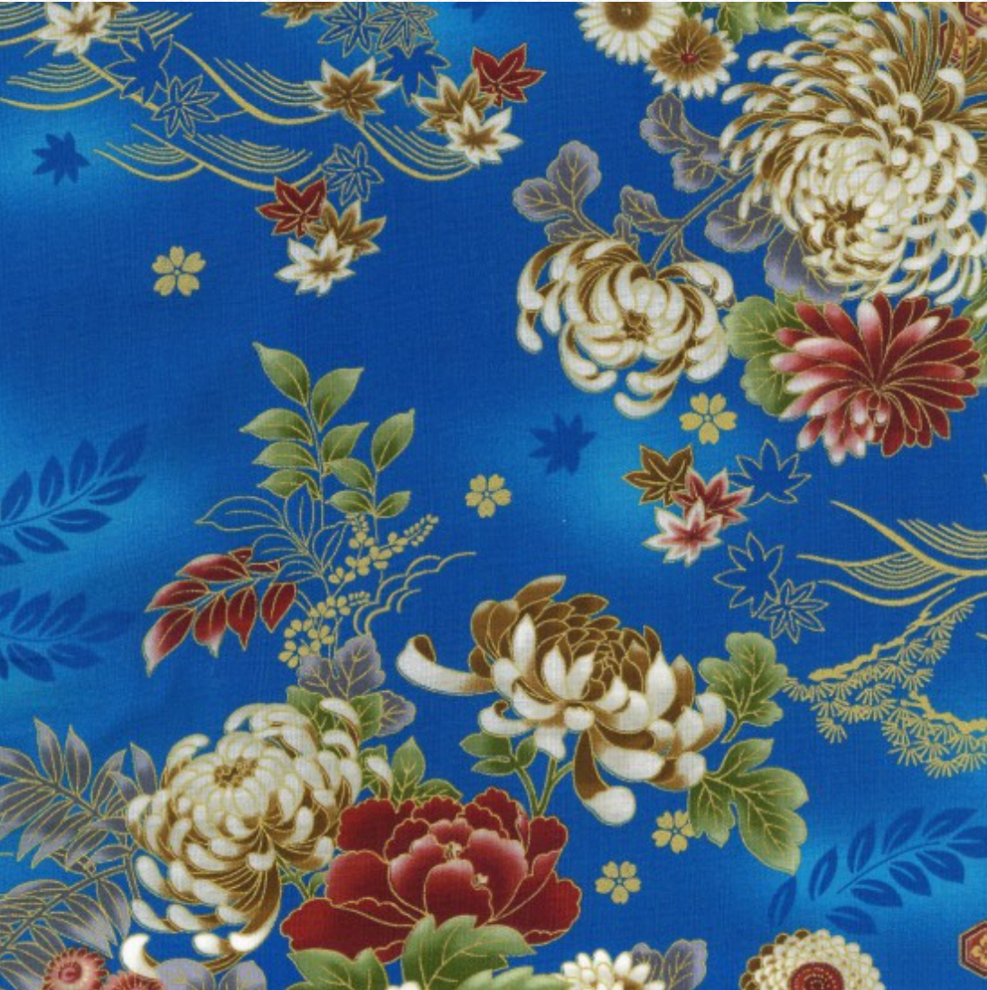 Metallic Japanese Inspired Fabric By The Metre (112cm Wide) - Kujo Blue