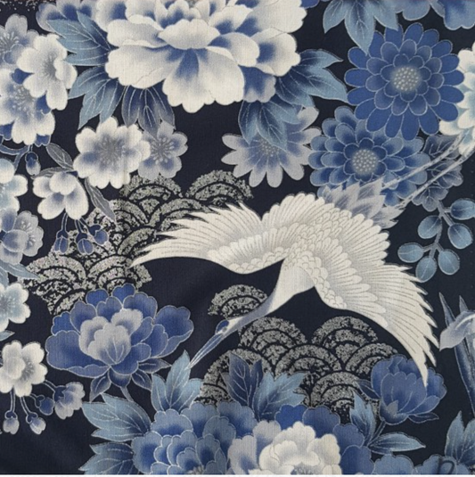 Metallic Japanese Inspired Fabric By The Metre (112cm Wide) - Kio Blue/Silver