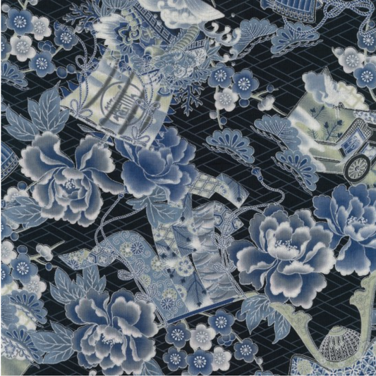 Metallic Japanese Inspired Fabric By The Metre (112cm Wide) - Kenzan Blue/Silver