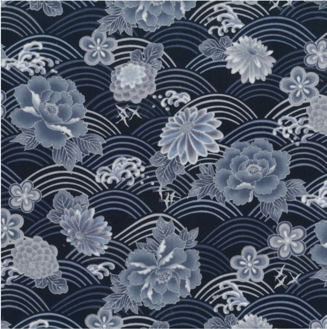 Metallic Japanese Inspired Fabric By The Metre (112cm Wide) - Yoko Navy/Silver